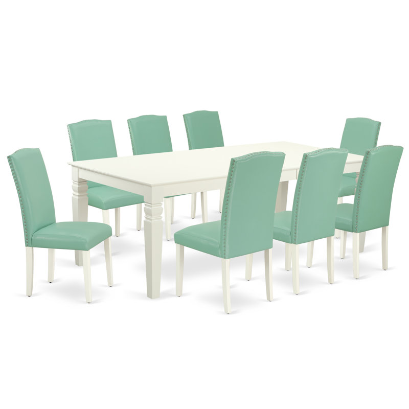 9 Piece Modern Dining Table Set Includes a Rectangle Wooden Table with Butterfly Leaf and 8 Pond Faux Leather Upholstered Chairs, Linen White