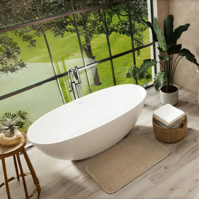 65" Freestanding Solid Surface Soaking Tub, Glossy White, High - Capacity Water, Ergonomic Lumbar Design Luxury Bathtub, Warm To Touch Efficient Drainage System