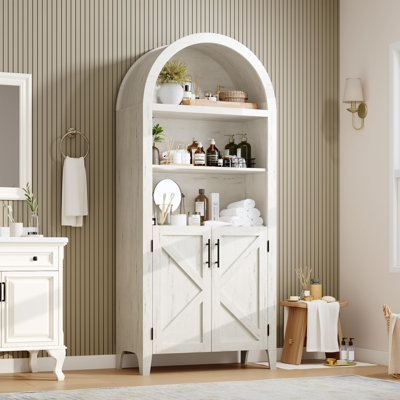 Bibliothèque arquée avec portes, étagère ouverte à 5 niveaux, armoire de rangement moderne pour le bureau à domicile et la bibliothèque, blanc