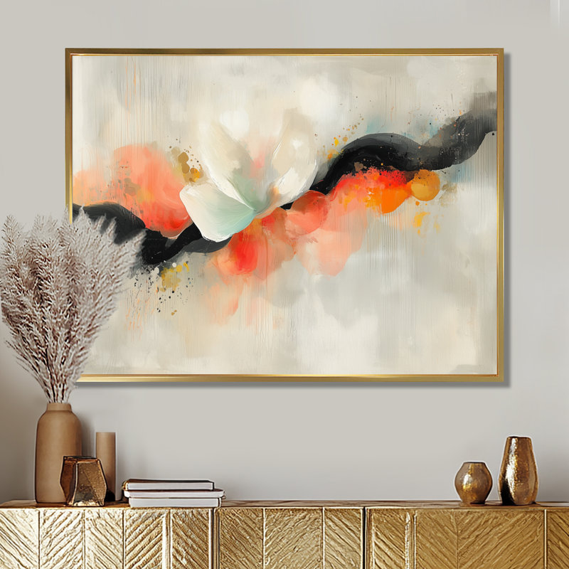 «Emotion Pulse Of Volcano», encre liquide abstraite, H 16 po x l 32 po, Cadre flottant, Doré