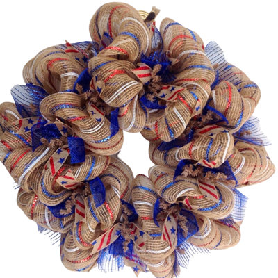 Patriotic Striped Burlap Red and Blue Wreath