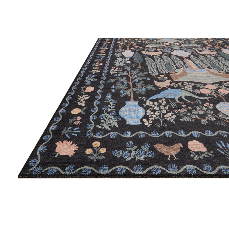 Tapis noir Rifle Paper Co. x Loloi Menagerie Men-03 Camont, Rectangle 5 pi x 7 pi 6 po