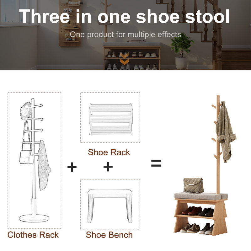 Adryell Solid Wood Entryway Shoe Bench with Coat Rack, Cushioned Seat & Double Shoe Storage Shelves, Tan