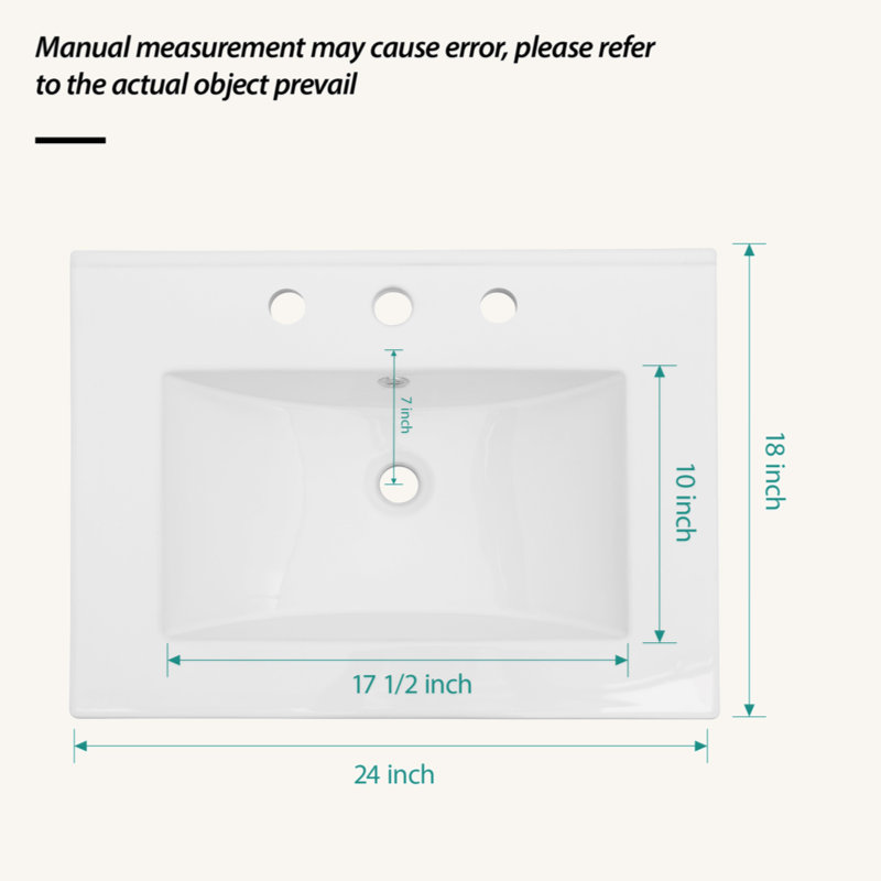 24"X18" White Rectangular Single Vanity Top With Overflow(Sink Only), 4" Centers