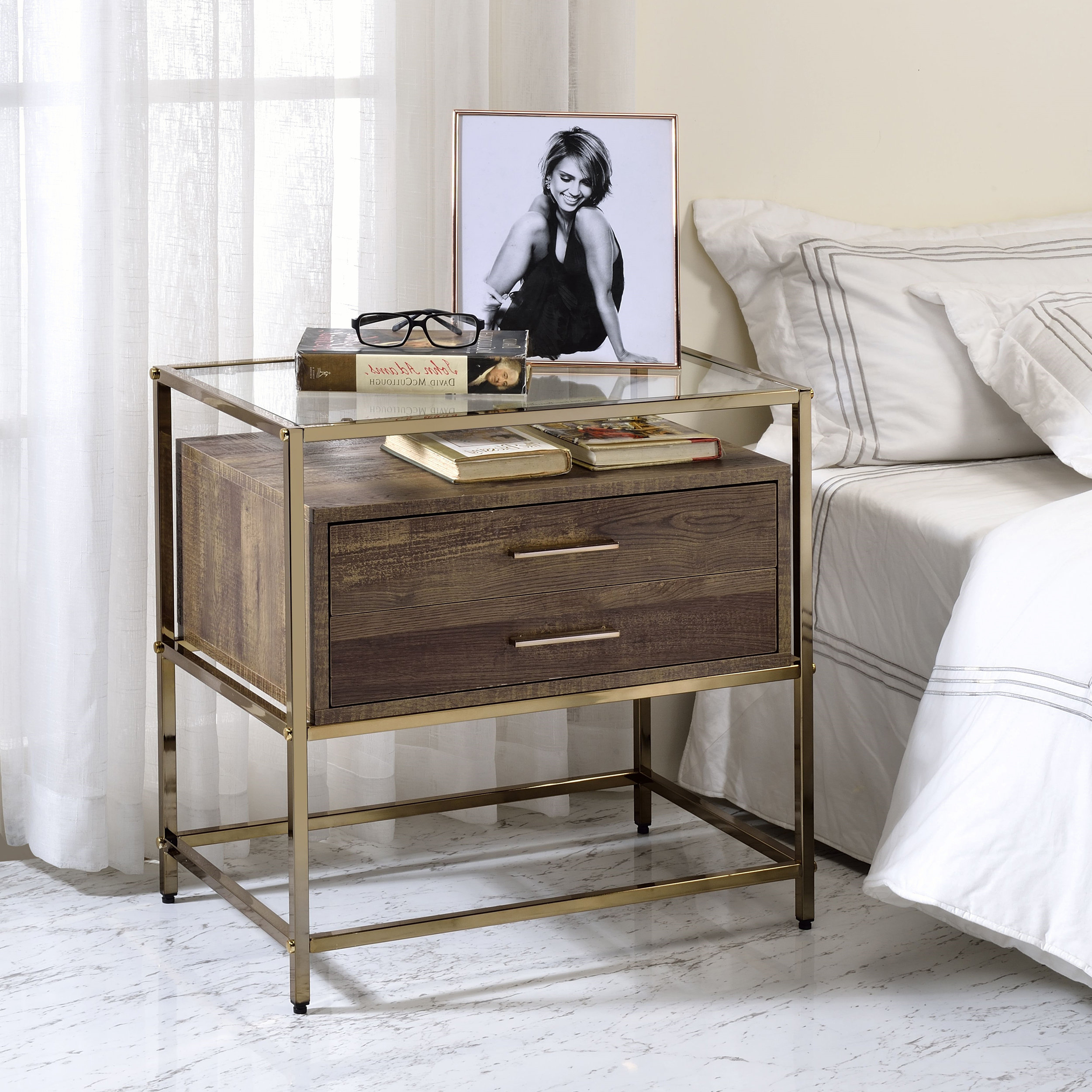 Everly Quinn Glass Top 2 Drawer End Table Wayfair Canada