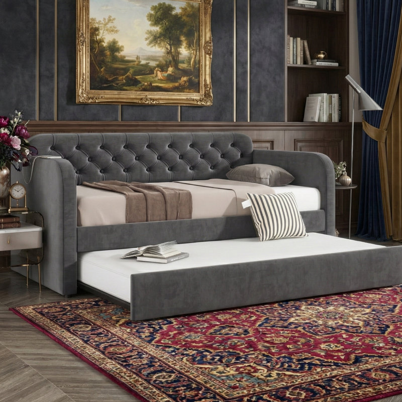 Lit de jour simple avec couchette 81,7 po L - Velours gris foncé, charge USB, capacité de 600 lb, Gris foncé