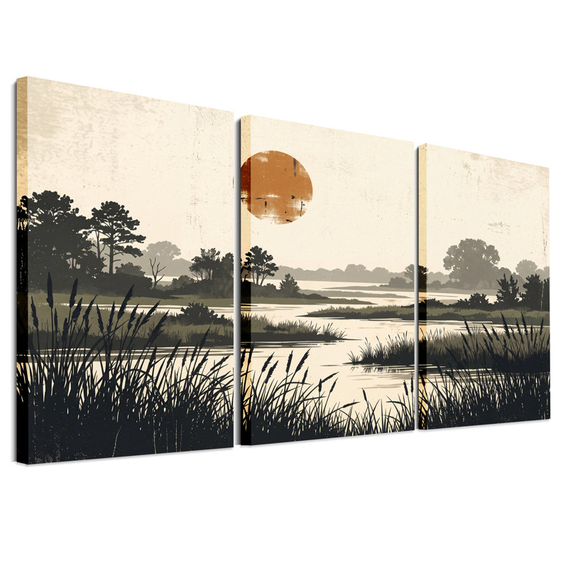 Toile orange sur une rivière avec des arbres en silhouette et ensemble de 3 toiles, H 36 po x l 24 po x 3 pièces
