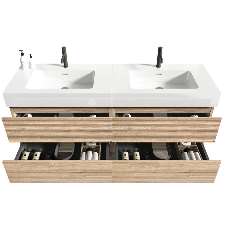 Meuble-lavabo mural de 60 po de longueur, lavabo en quartz blanc, tiroirs en chêne brut, poignée dissimulée, finition laquée E0, meuble-lavabo silencieux, conception Mid-Century, flottant