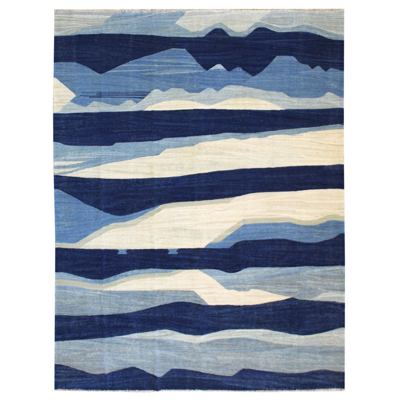 One-of-a-Kind Rectangle 9'1" X 12'1" New Age Wool Area Rug in Blue/White
