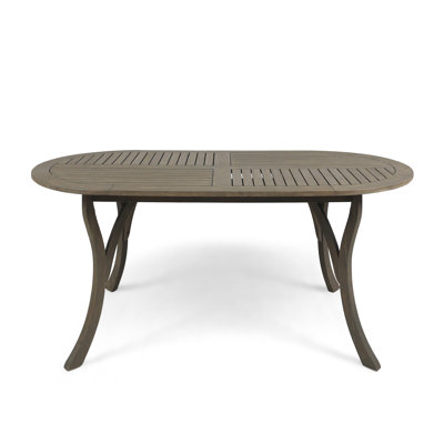 Stylish Acacia Wood Oval Dining Table With Smooth Legs And Perpendicular Slats, Perfect For Outdoor Patio Setups