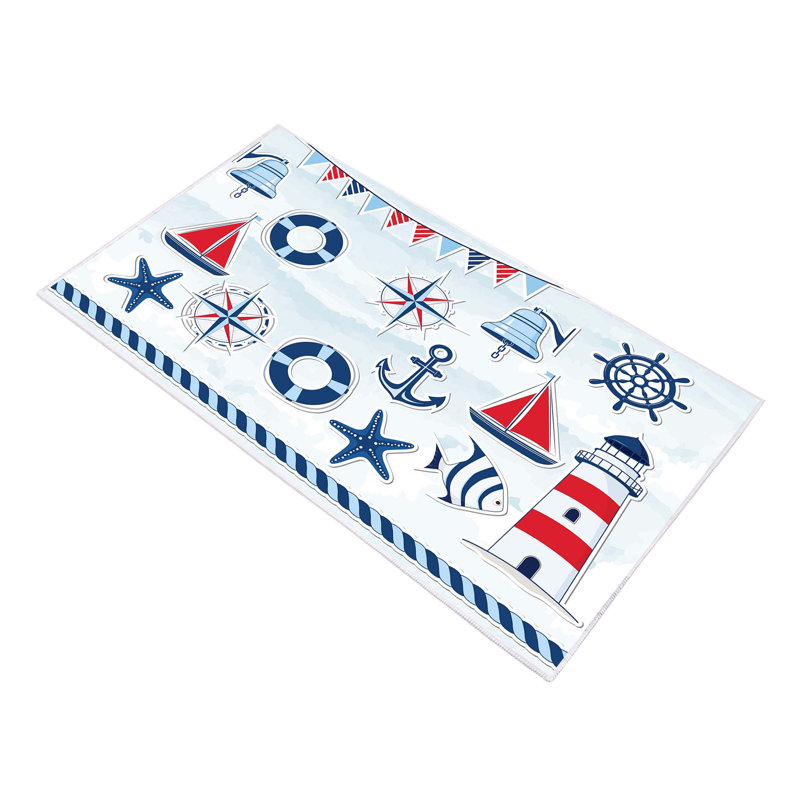 Tapis rectangulaire en polyamide tissé à la machine bleu / rouge / blanc Pelley, Rectangle 5 pi 3 po x 7 pi 7 po