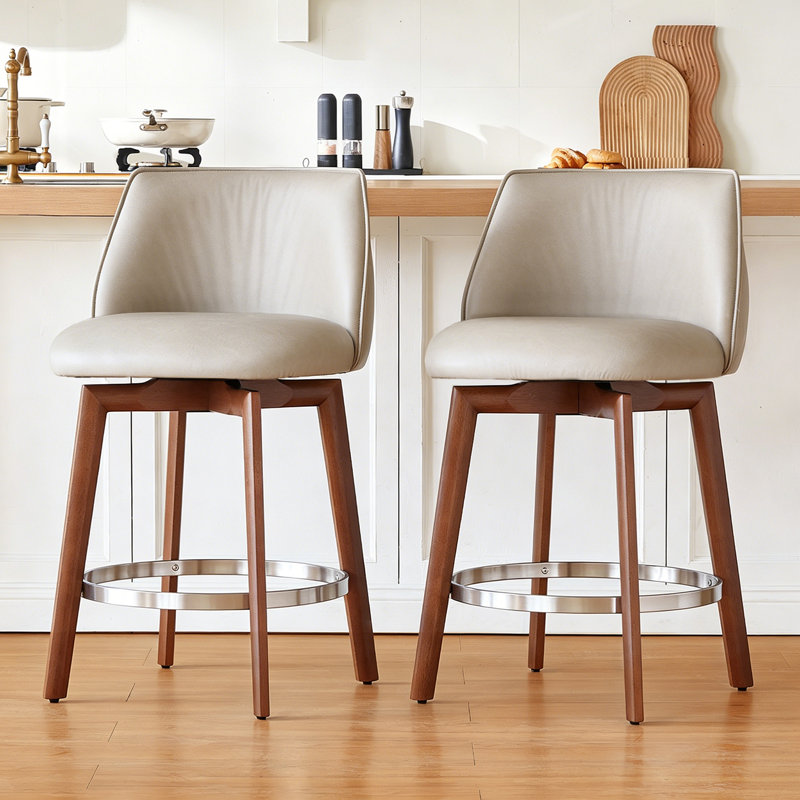 Modern Counter Height Bar Stools Set of 2, 26'' Swivel Bar Stools with Backs Sturdy Solid Wood Legs,Khaki Faux Leather Counter Stools for Kitchen Island