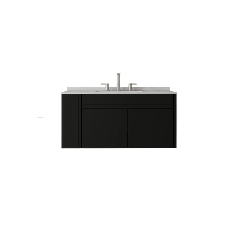 Meuble-lavabo flottant 36 po avec lavabo, porte à fermeture douce, comptoir en granite blanc 0,6 po et dosseret, contreplaqué, noir