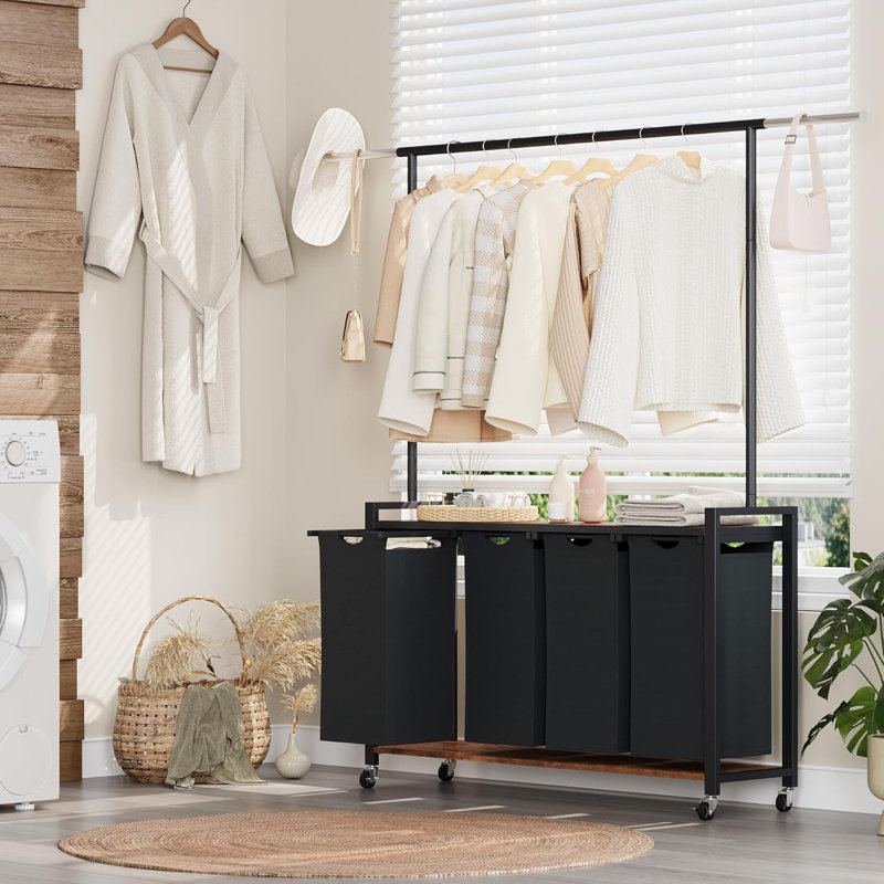 Laundry Sorter, Rolling Laundry Hamper 2-Section with Hanging Rack & Wheels,Laundry Basket Organizer for Laundry Room, Rustic Brown