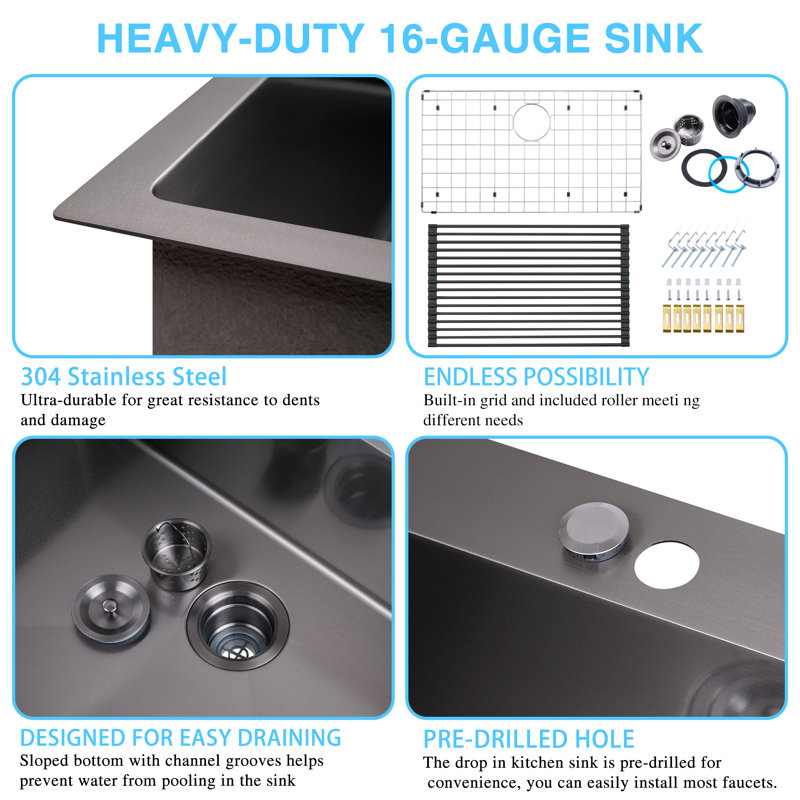 32 in. Drop-In/Undermount Single Bowl 16 Gauge 304 Stainless Steel Kitchen Sink with Accessories, Gunmetal Black
