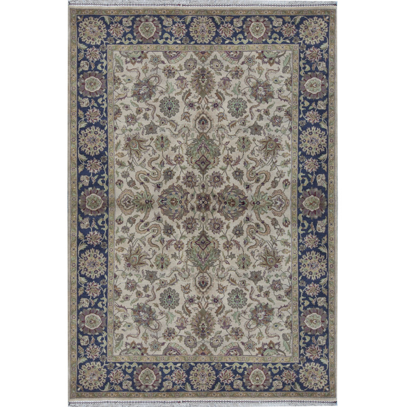 Tapis ivoire et noir noué à la main de haute qualité