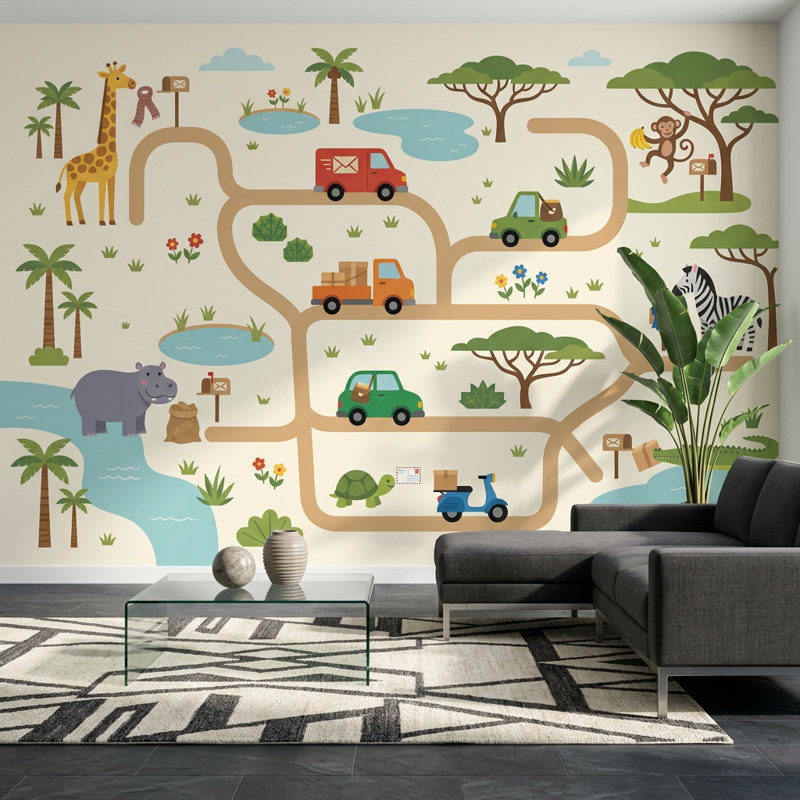 Caricature de carte de dessin animé, décoration murale amovible Safari lumineux, 100 po x 96 po, Peler et coller