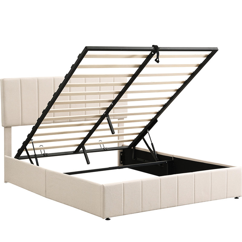 Grand lit tapissier beige avec compartiment de rangement caché et revêtement hydraulique, Beige, Grand lit
