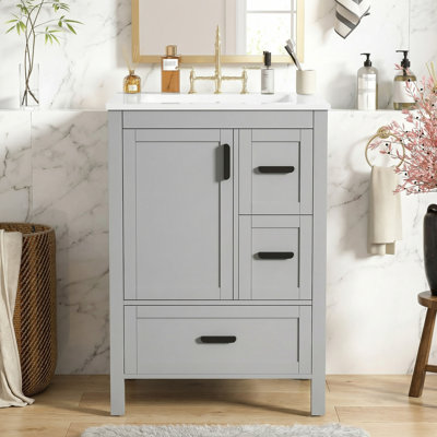 24" Modern Bathroom Vanity with Ceramic Sink, 3 Drawers, Soft-Close Door, Double-Layer Shelf for Small Bathrooms – EPA/UPC Certified