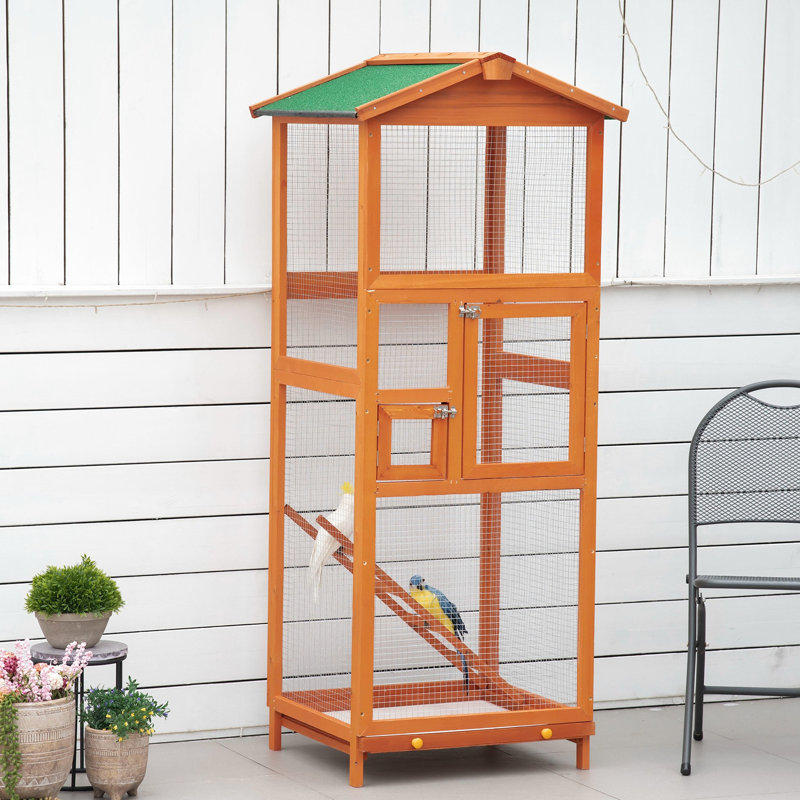 Volière 65 "pour l'extérieur pour cage à oiseaux 65" en bois pour perroquets, perruches 2 portes, plateau coulissant, eau, perruches orange en bois, décoloration et