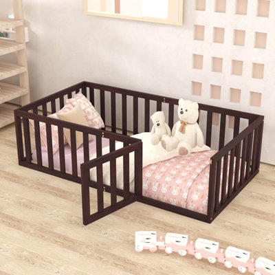 Twin Size Wood Floor Bed Frame With Fence And Door, Walnut