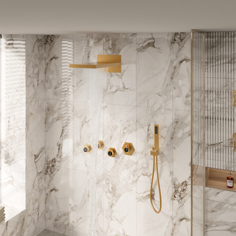 22" Wall-Mount LED Bluetooth Music Thermostatic Rainfall Complete Shower System with Rough in-Valve, Brushed Gold