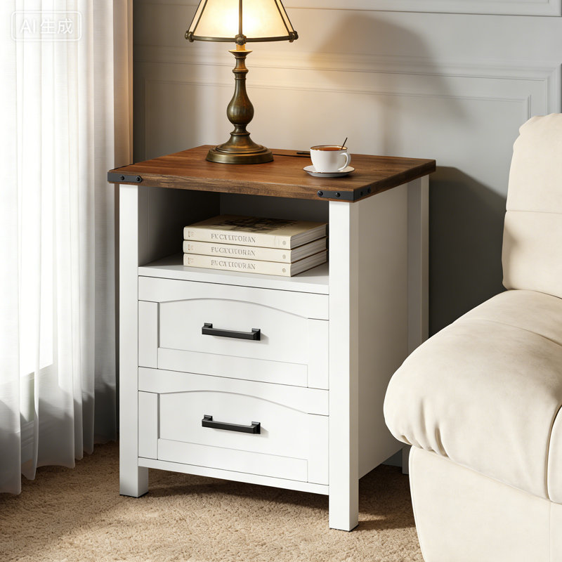 Set of 2 Farmhouse Nightstands with Charging Station & USB-C, 18" Wide 2 Drawers Wood Bedside Table with Open Shelf, White & Walnut
