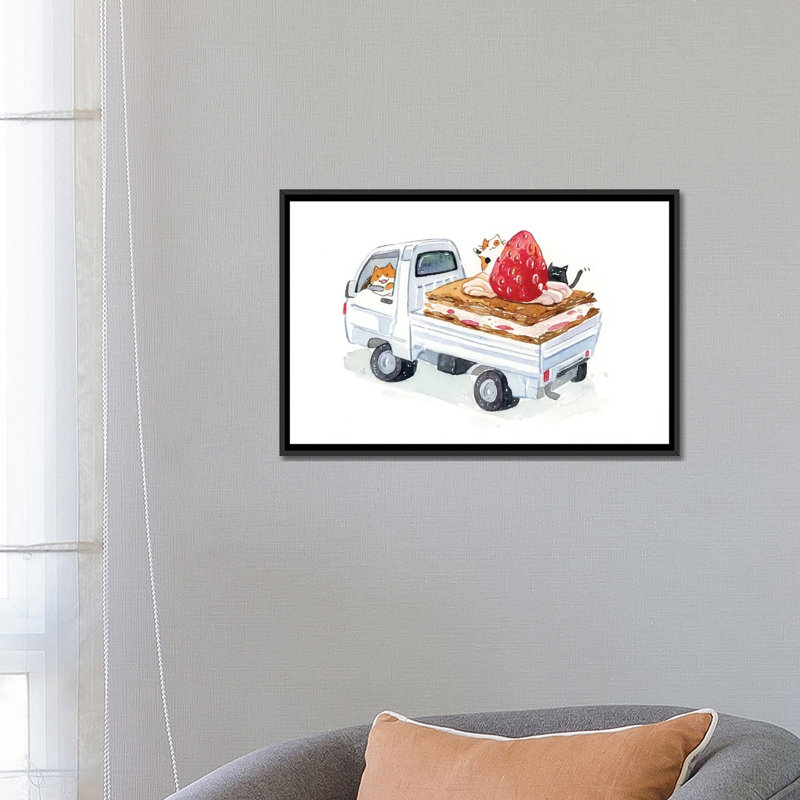 « kitty trucker », impression sur toile, H 18 po x l 26 po x P 1,5 po, Toile avec cadre noir, Pas de tapis
