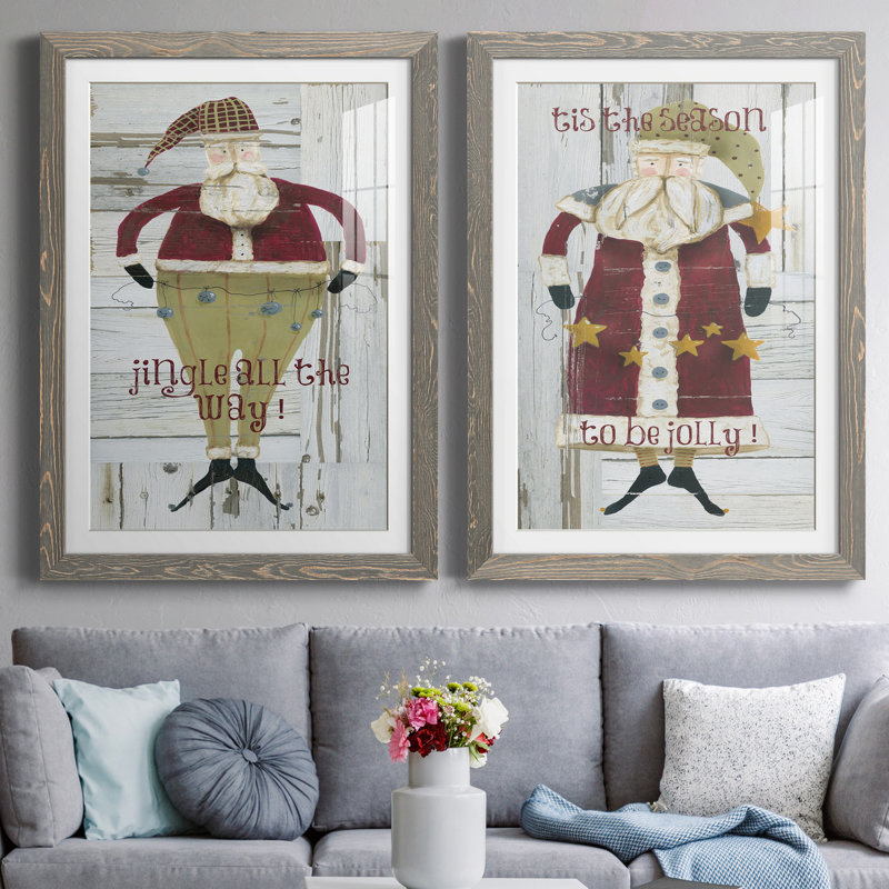 Jingle Santa - ensemble de 2 reproductions, Blanc, Cadre en papier gris, H 37,5 po x l 27,5 po x P 1 po