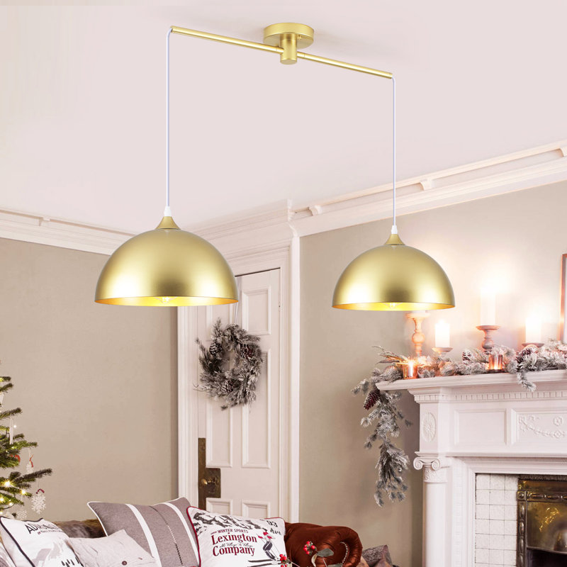 Luminaire suspendu moderne en forme de dôme à 2 lumières de 34,64 po avec abat-jour en métal et cordon réglable Dileo, Doré