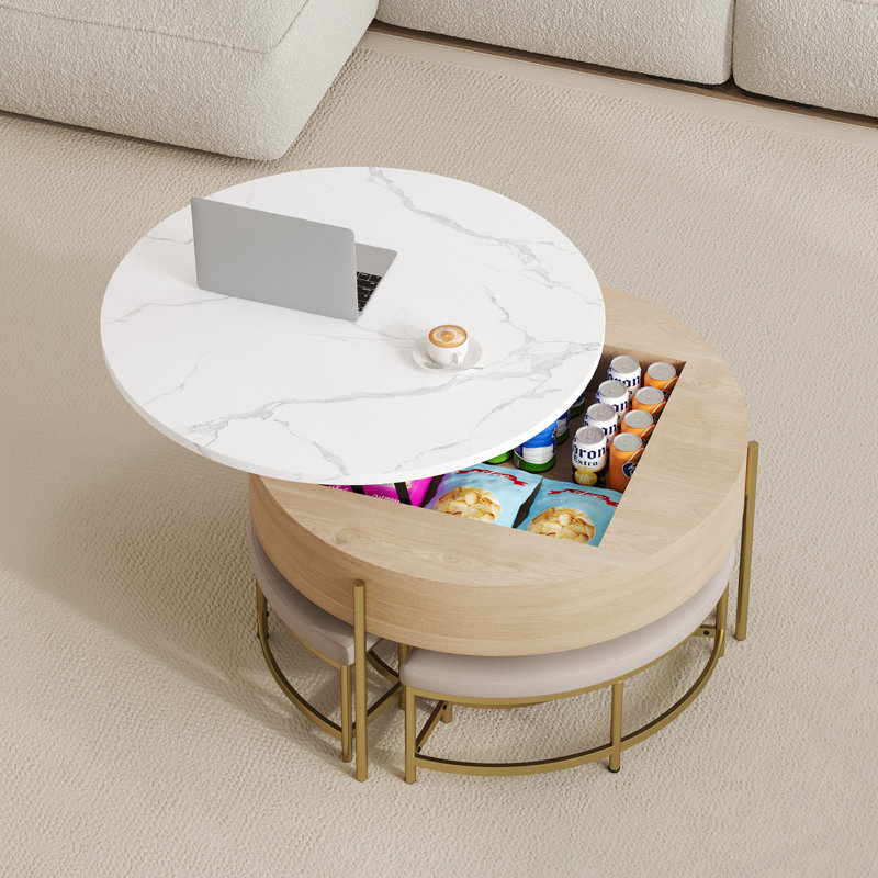 Table basse ronde à plateau relevable avec rangement et 3 repose-pieds, Doré