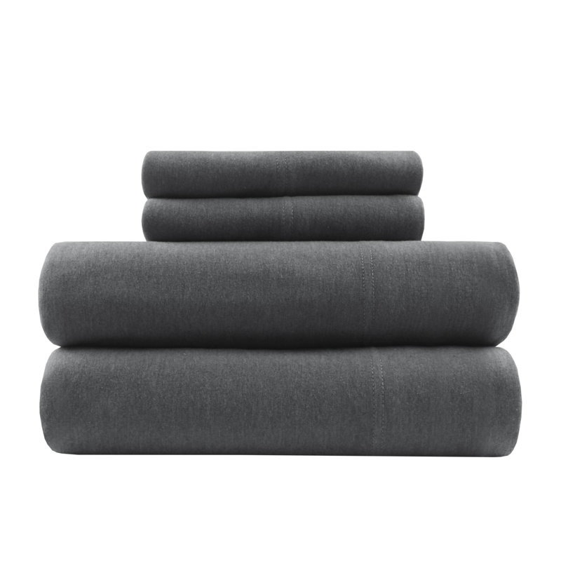Cotton Blend Jersey Knit Dark Grey All Season 4-Piece King Sheet Set, Charcoal, King Sheet Set with 2 Pillowcases
