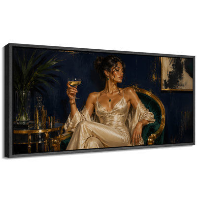 Glamorous Woman Champagne Lounge Portrait Wall Decor - Large Framed Canvas Master Bedroom Wall Art Print