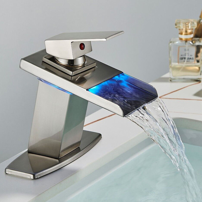 LED Waterfall Spout Single Hole Bathroom Faucet, Brushed Nickel
