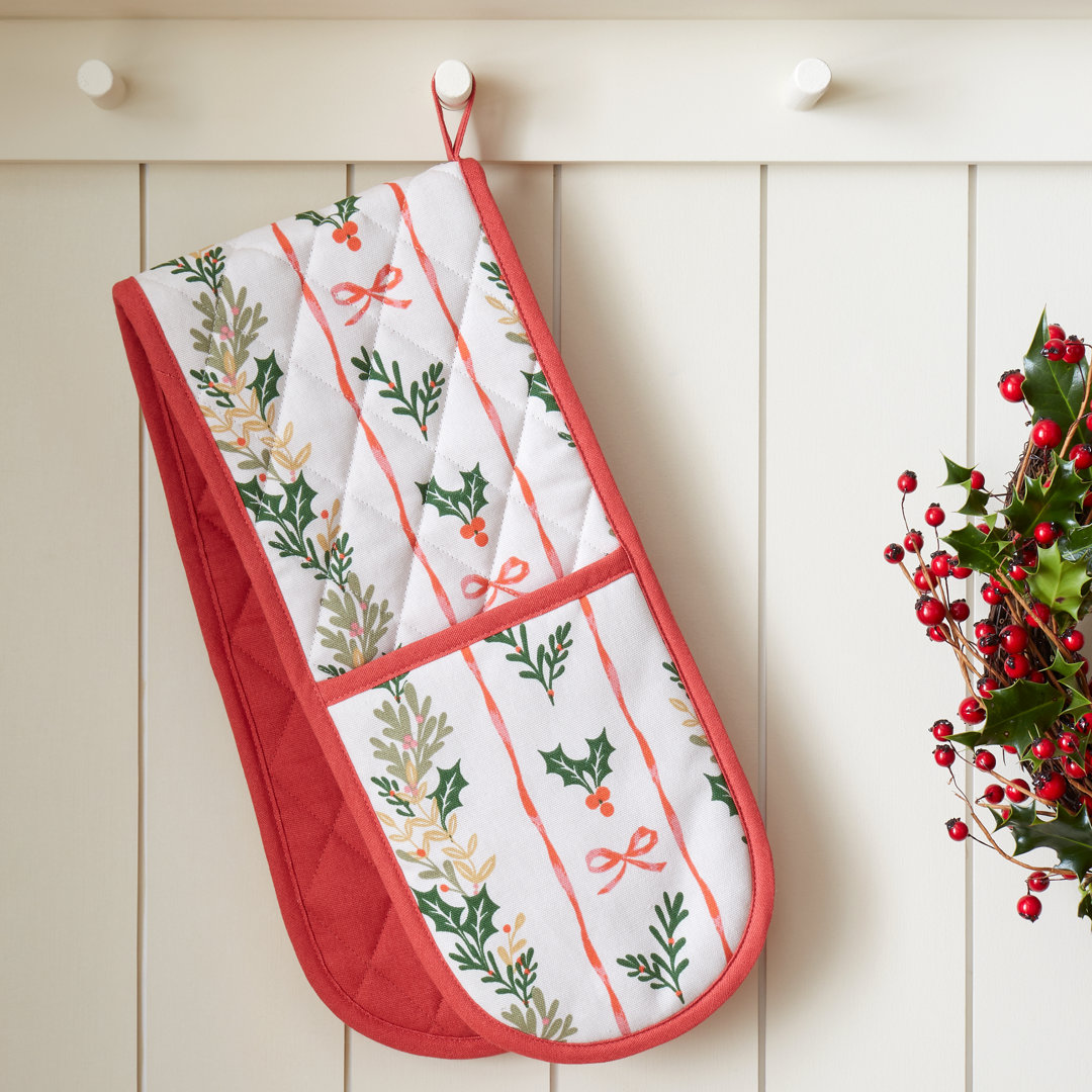 Christmas Holly Stripe Cotton Kitchen Double Oven Glove