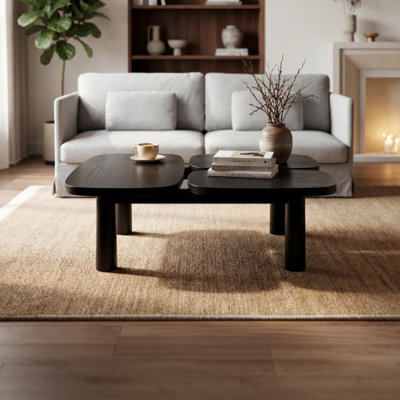 Table basse modulaire moderne en bois de 42 po avec pieds en bois massif, plateau en placage de frêne, table de centre de salon