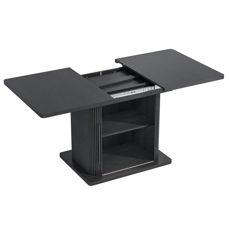 Fluted Extendable Dining Room Table For 4-6, 47-65 Inch Rectangle Kitchen Dining Table With Sliding Door, Storage, Black