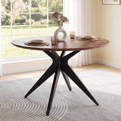 Dixson 45.3" W 4-Person Round Solid Wood Dining Table With Metal Legs, Walnut