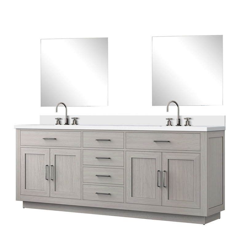 84 po Meuble-lavabo double en chêne blanc avec comptoir en quartz, robinet et 34 miroirs - comptoir assemblé 84 x 22, chêne, 34 po