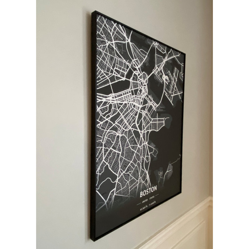 Boston City Map - impression encadrée, Noir