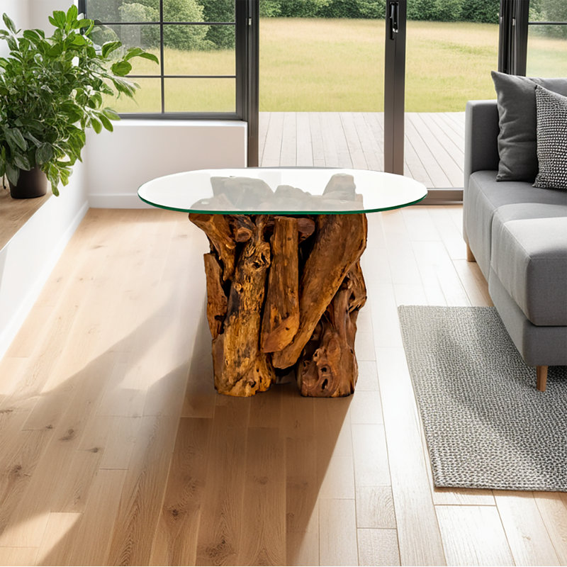 Modern Woodland Teak Root Glass Top End Table Handmade Natural Side Table with Tempered Glass