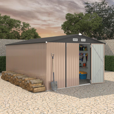 10x14 FT Metal Outdoor Storage Shed – Lockable Door & Air Vents, Large Wind & Rainproof Garden Utility Tool Storage for Backyard, Lawn, Patio (Dark Roof + Brown Board)