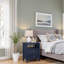 Table de chevet 2 tiroirs Weston Midnight Blue avec tablette ouverte et boutons nickel-845155403