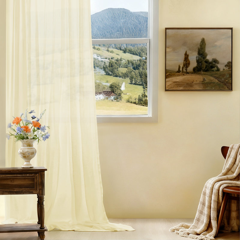Paire de rideaux semi-transparents avec passe-tringle (ensemble de 2), Jaune clair, L 52 po x L 84 po