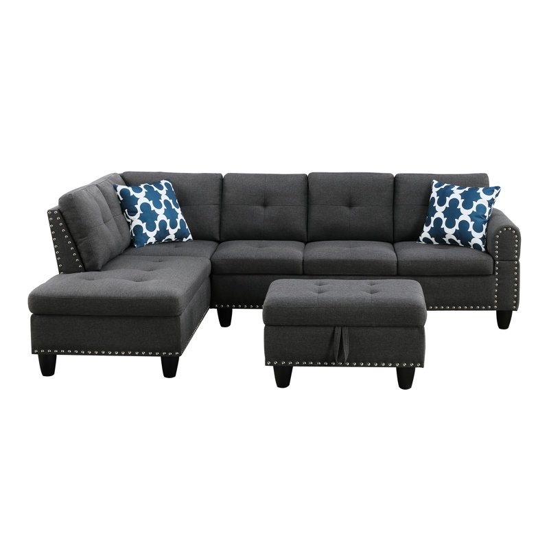 Rivet - 3 pièces en forme de L pour les soirées de divertissement, pouvant accueillir quatre personnes, siège central escamotable avec deux porte-gobelets, coussins décoratifs et rangement intérieur assorti, structure en bois massif et en bois d'ing?