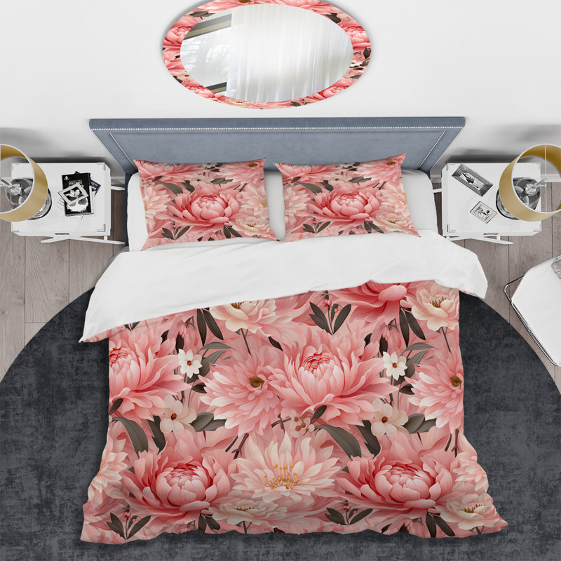 Ensemble de housse de couette floral rose pivoine délicatesse I, Housse de couette simple + 1 taie décorative stan