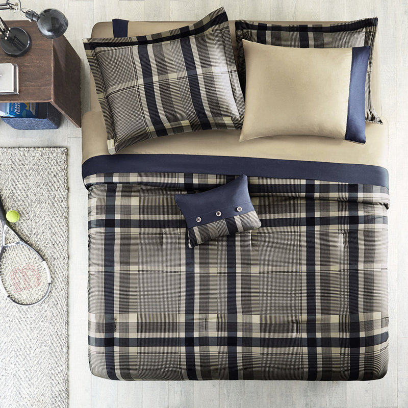 Twin Bedding With Plaid Comforter - Contrasting Flange, Sheets Navy And Taupe Long-lasting, Quality