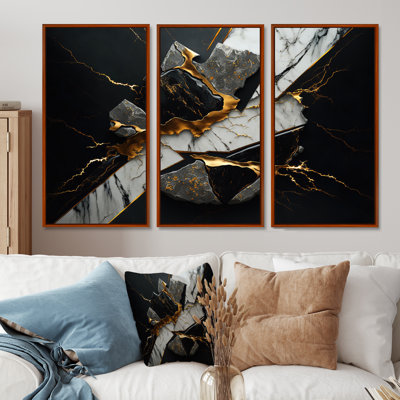 «Abstract Geode Black III», reproduction sur toile flottante 3 pièces