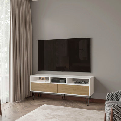 Meuble télé avec 2 portes et rangement ouvert, chêne blanc et naturel