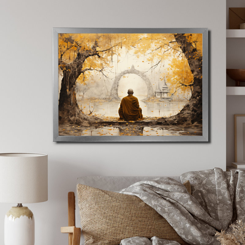 «Bouddha gris et jaune, chemin éclairé I», reproduction sur toile, H 34 po x l 44 po x P 1,5 po, Cadre photo argenté
